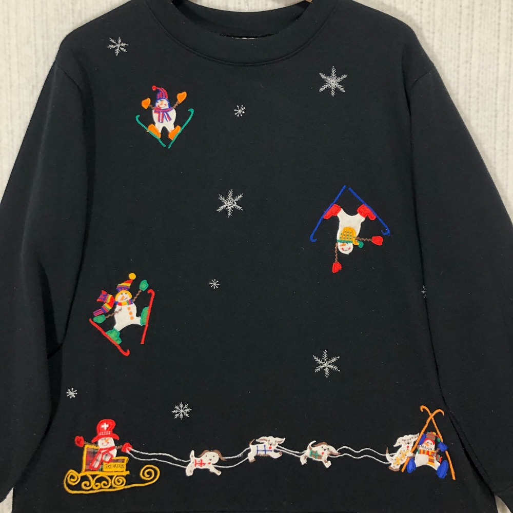 Analogy Black Snowman Skiing Sledding Embroidered Sweatshirt 1X